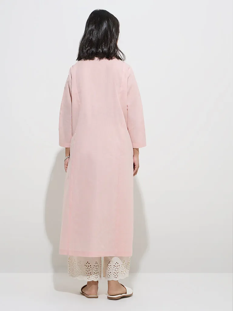 Utsa Light Pink Floral Embroidered Cotton A-Line Kurta