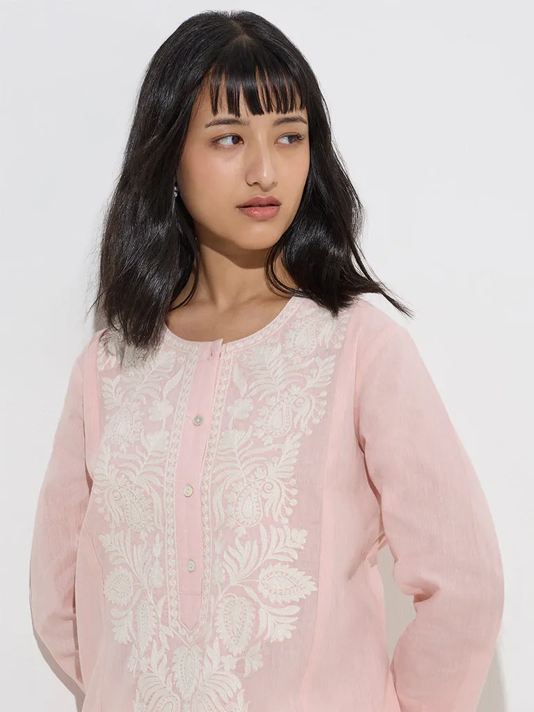 Utsa Light Pink Floral Embroidered Cotton A-Line Kurta