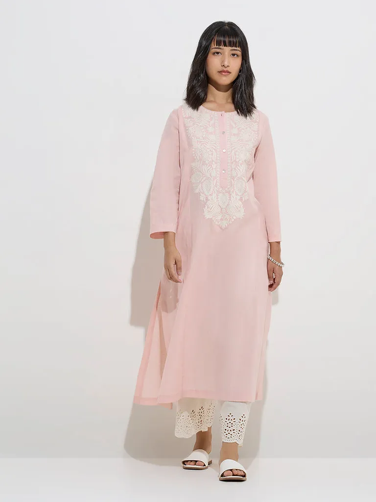 Utsa Light Pink Floral Embroidered Cotton A-Line Kurta