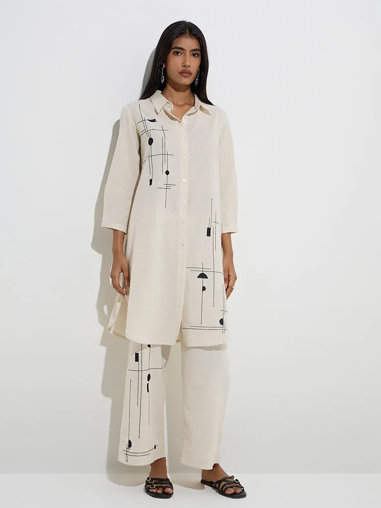 Utsa Off-White Embroidered Cotton-Blend A-Line Kurta