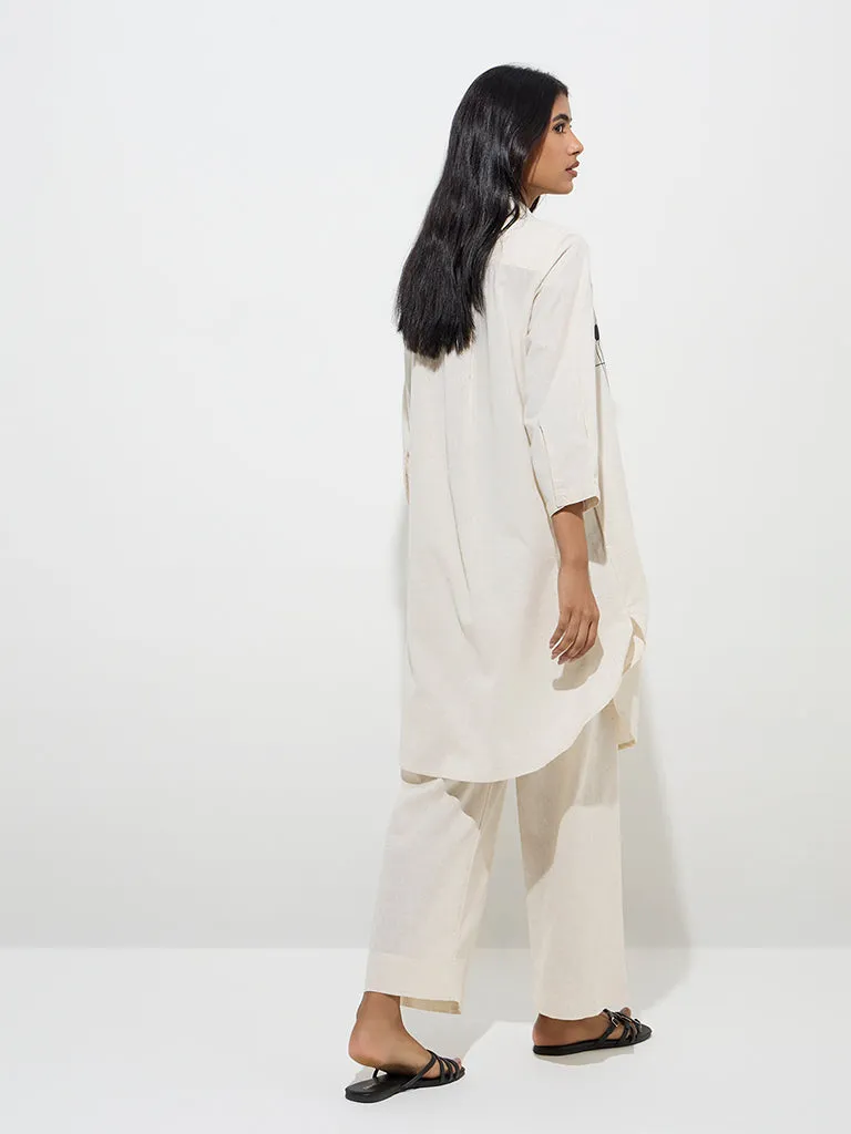 Utsa Off-White Embroidered Cotton-Blend A-Line Kurta