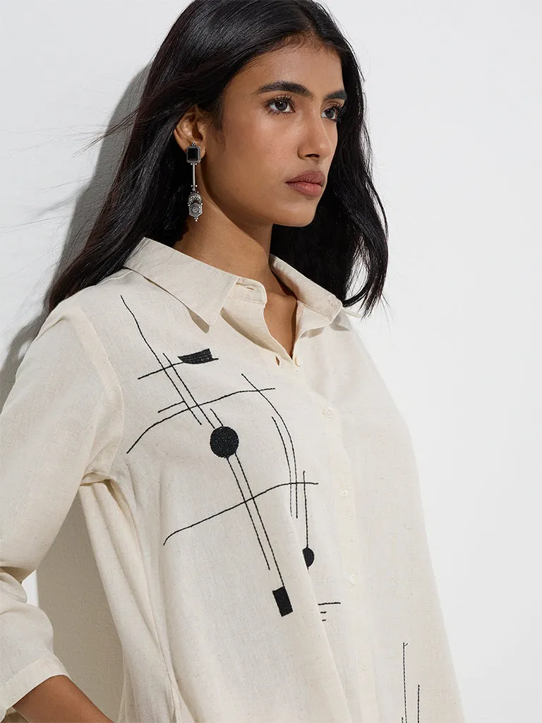Utsa Off-White Embroidered Cotton-Blend A-Line Kurta