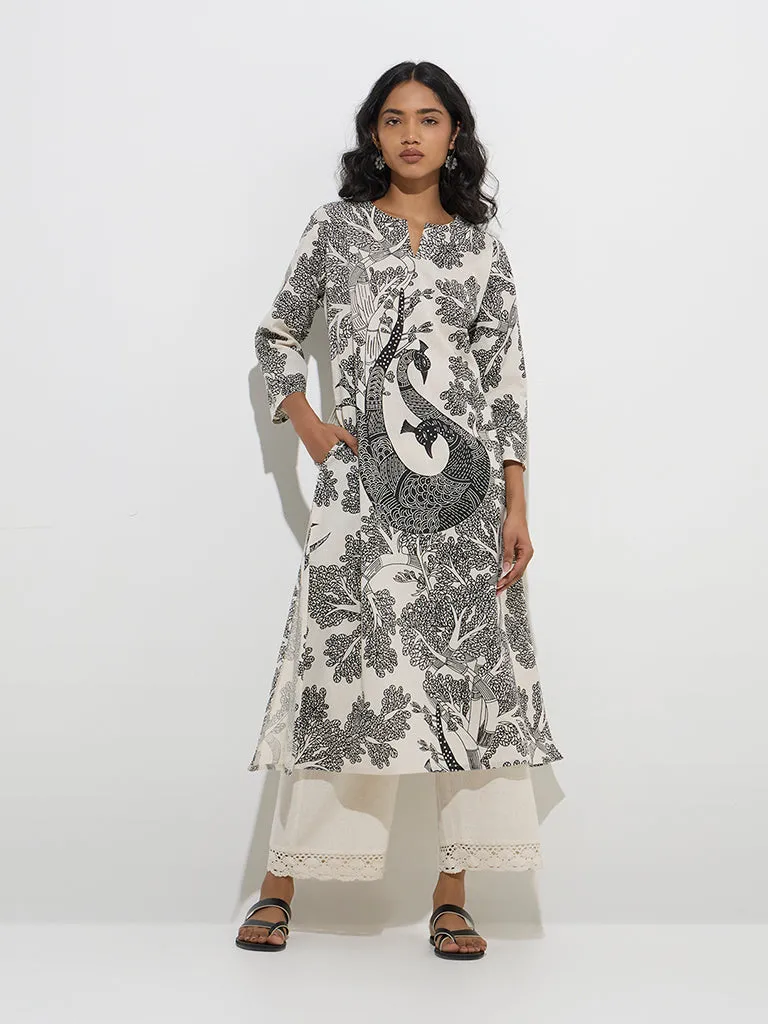 Utsa Off-White Gond Pattern Cotton-Blend A-Line Kurta