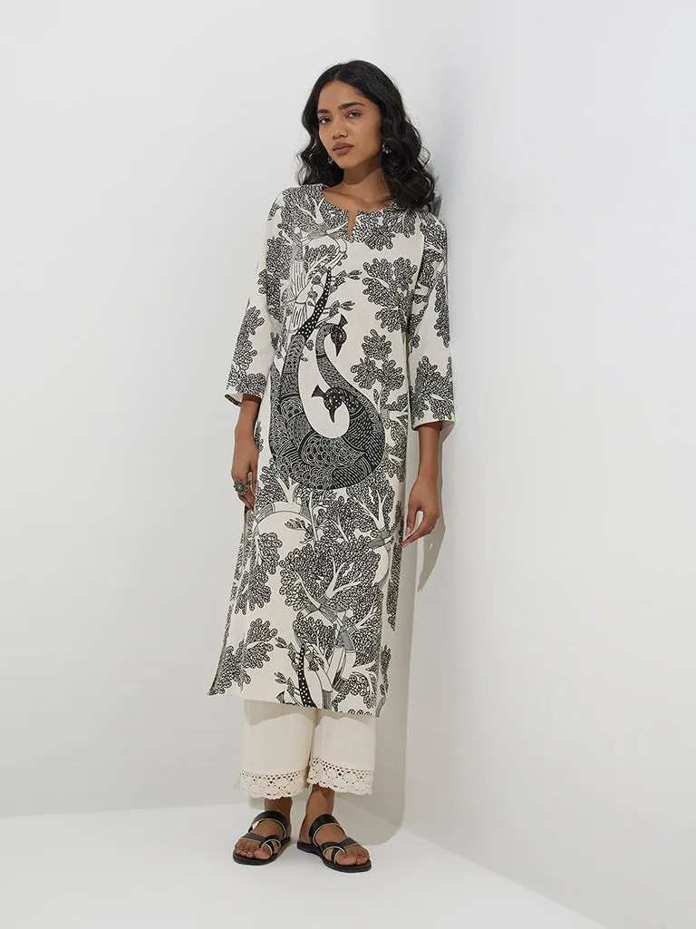 Utsa Off-White Gond Pattern Cotton-Blend A-Line Kurta