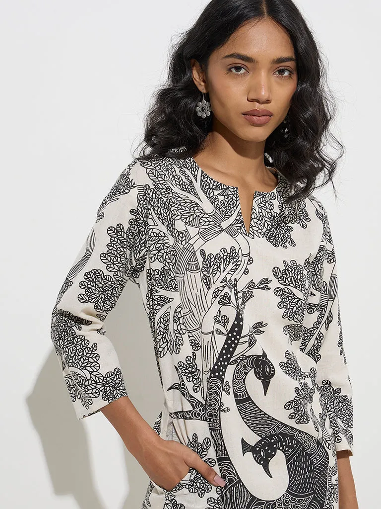 Utsa Off-White Gond Pattern Cotton-Blend A-Line Kurta