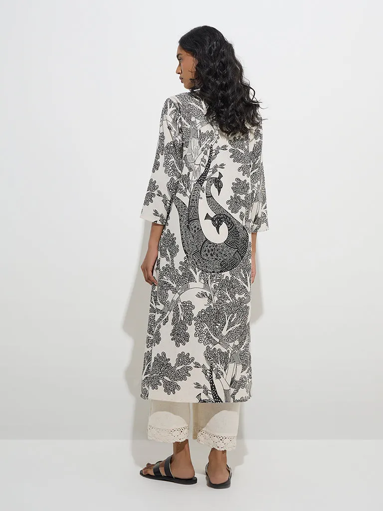 Utsa Off-White Gond Pattern Cotton-Blend A-Line Kurta