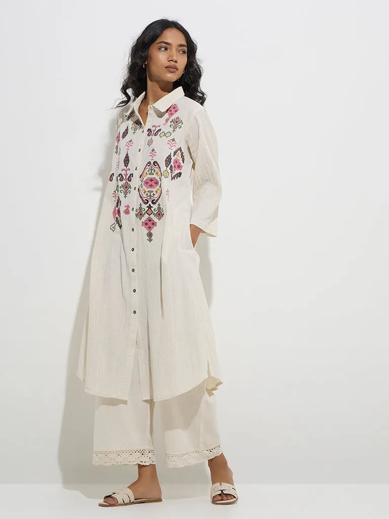 Utsa Off-White Ikat Design Cotton-Blend A-Line Kurta