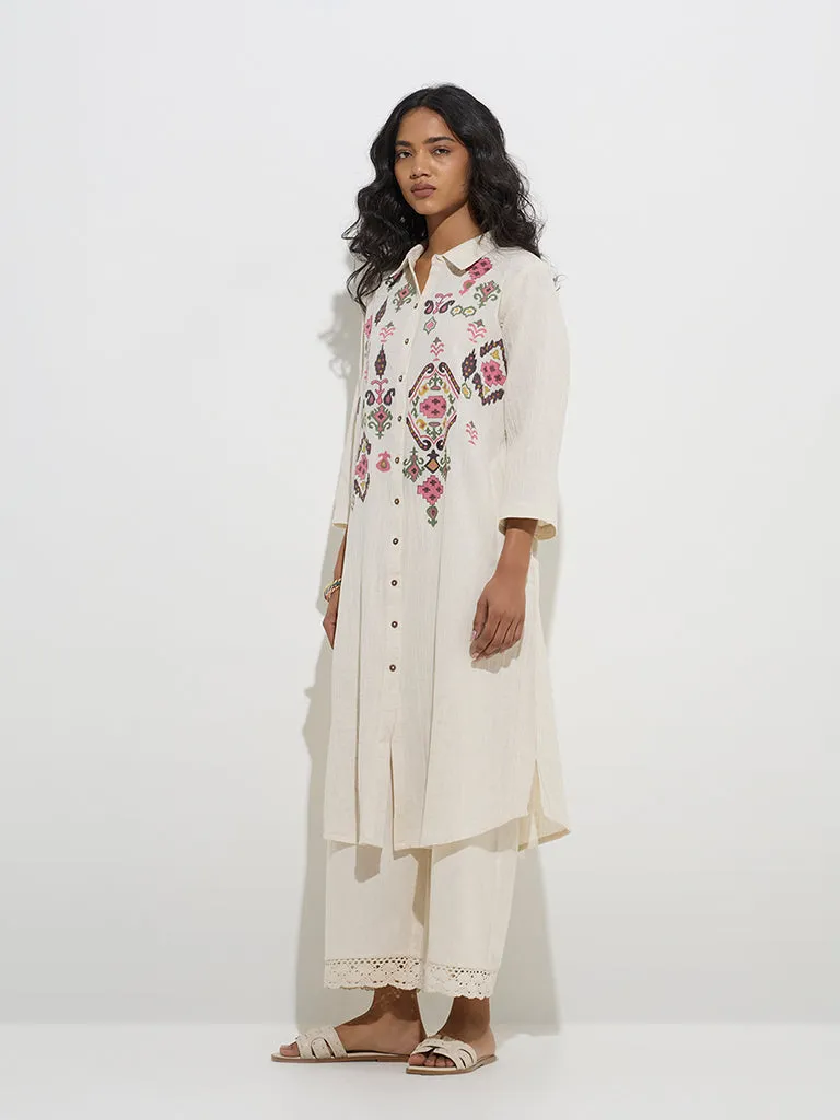 Utsa Off-White Ikat Design Cotton-Blend A-Line Kurta