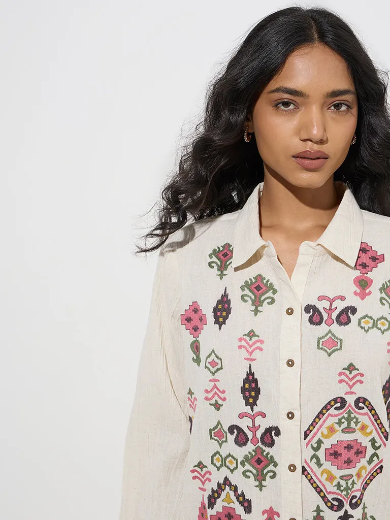 Utsa Off-White Ikat Design Cotton-Blend A-Line Kurta