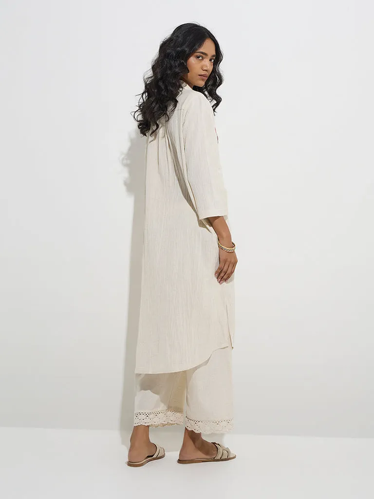 Utsa Off-White Ikat Design Cotton-Blend A-Line Kurta