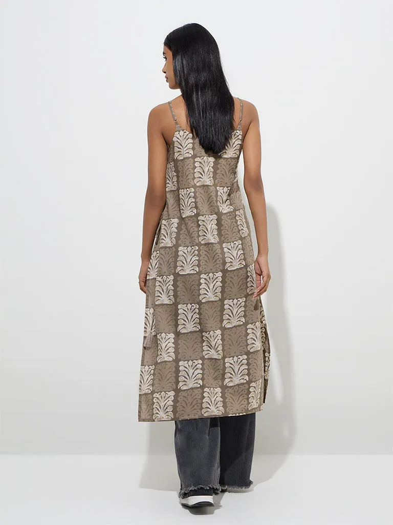 Utsa Taupe Printed Cotton Straight Kurta