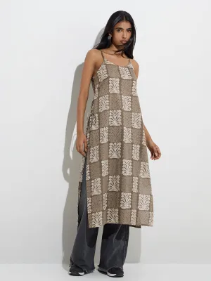 Utsa Taupe Printed Cotton Straight Kurta