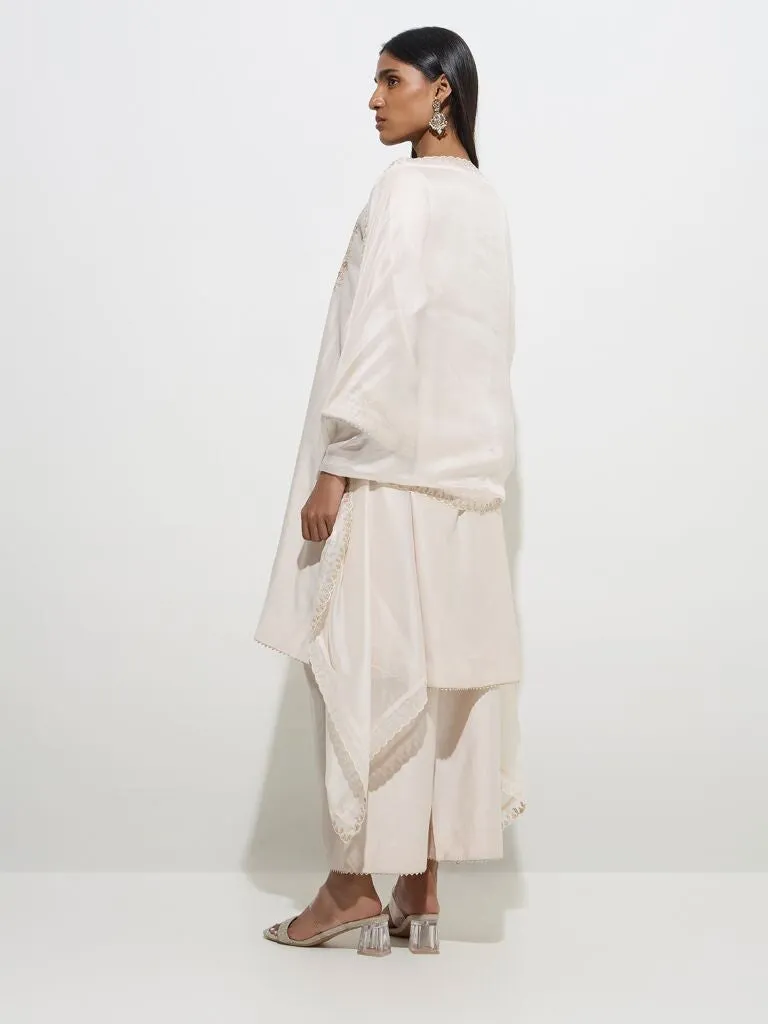 Vark Beige A-Line Kurta. Palazzos and Dupatta Set