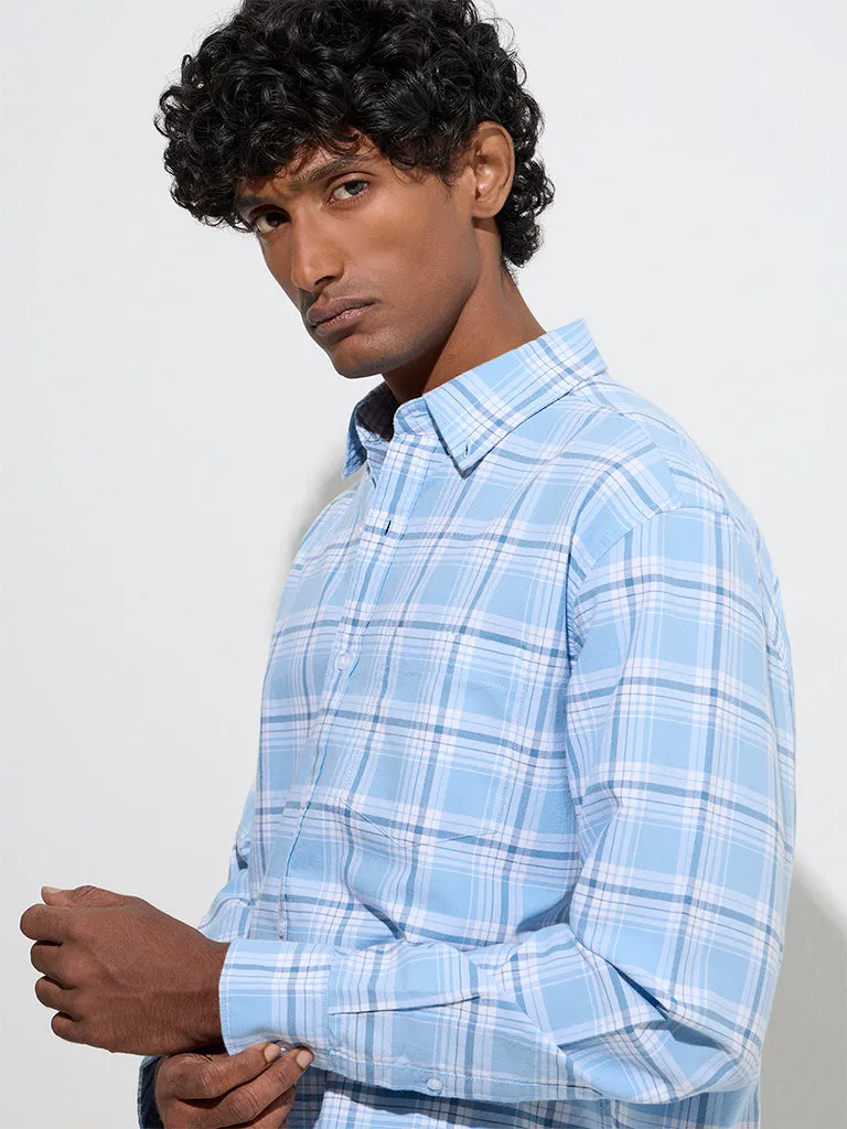 WES Casuals Blue Checks Design Relaxed-Fit Cotton Shirt