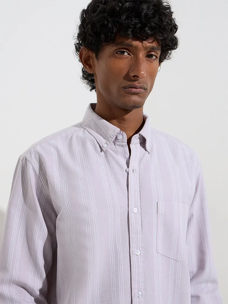 WES Casuals Lilac Stripe Printed Relaxed-Fit Cotton Shirt