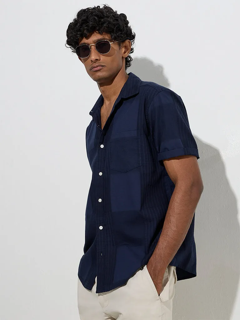 WES Casuals Navy Self-Patterned Relaxed-Fit Cotton Shirt