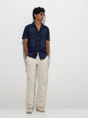 WES Casuals Navy Self-Patterned Relaxed-Fit Cotton Shirt