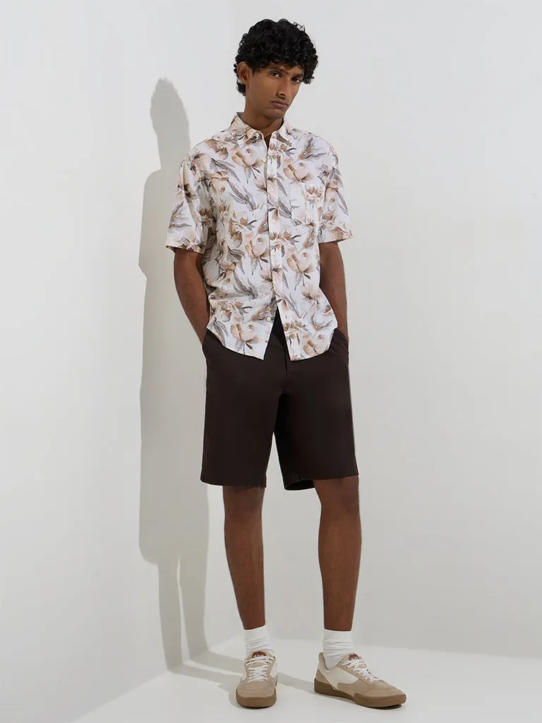WES Casuals Off-White Floral Relaxed-Fit Cotton Shirt