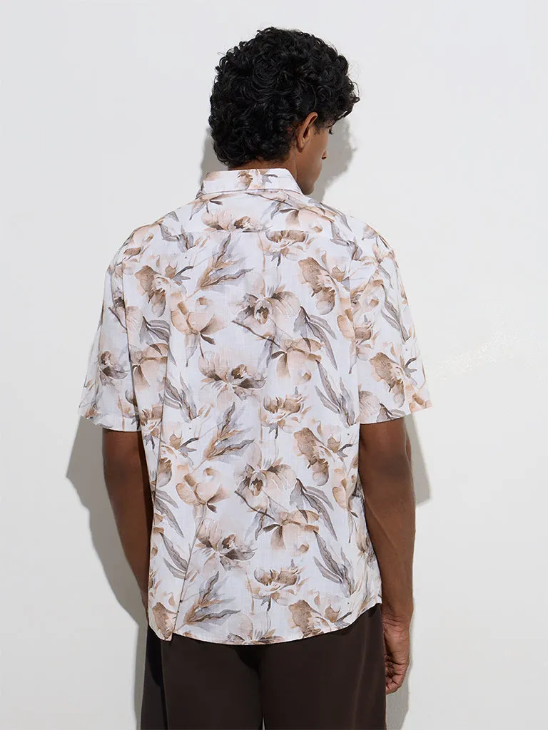 WES Casuals Off-White Floral Relaxed-Fit Cotton Shirt