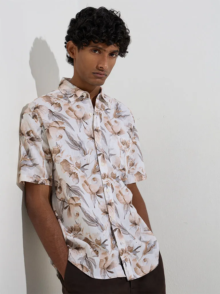 WES Casuals Off-White Floral Relaxed-Fit Cotton Shirt