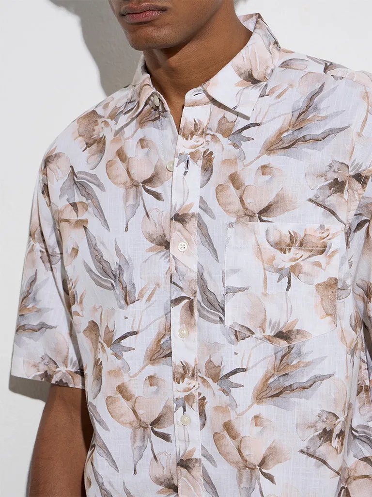 WES Casuals Off-White Floral Relaxed-Fit Cotton Shirt