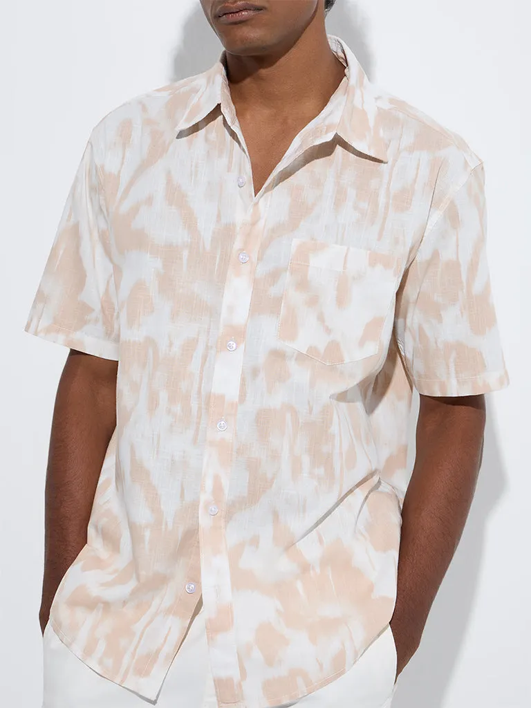 WES Casuals Peach Abstract Design Relaxed-Fit Cotton Shirt