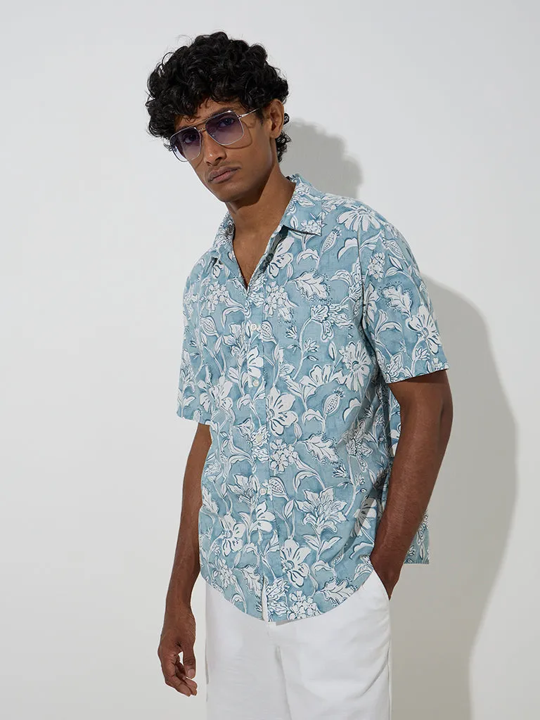 WES Casuals Teal Floral Pattern Relaxed-Fit Cotton Shirt