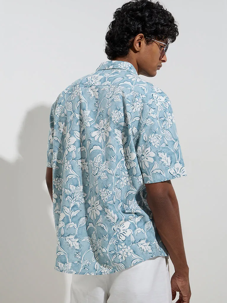 WES Casuals Teal Floral Pattern Relaxed-Fit Cotton Shirt