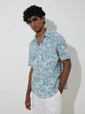 WES Casuals Teal Floral Pattern Relaxed-Fit Cotton Shirt