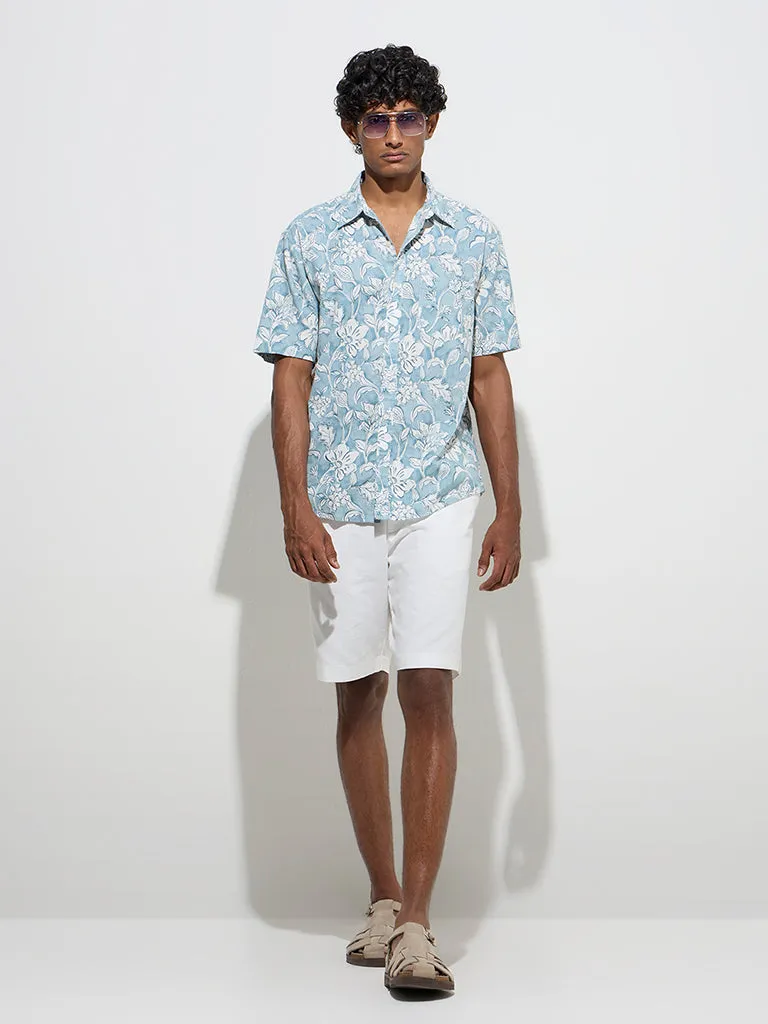 WES Casuals Teal Floral Pattern Relaxed-Fit Cotton Shirt