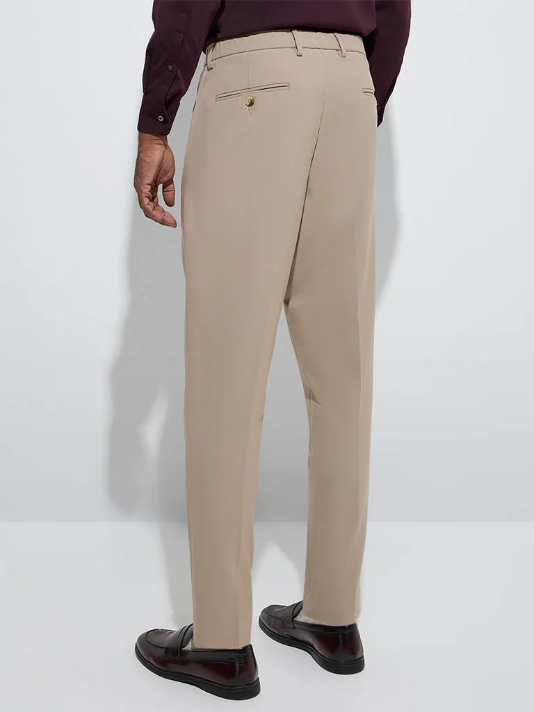 WES Formals Beige Slim-Fit Mid-Rise Trousers