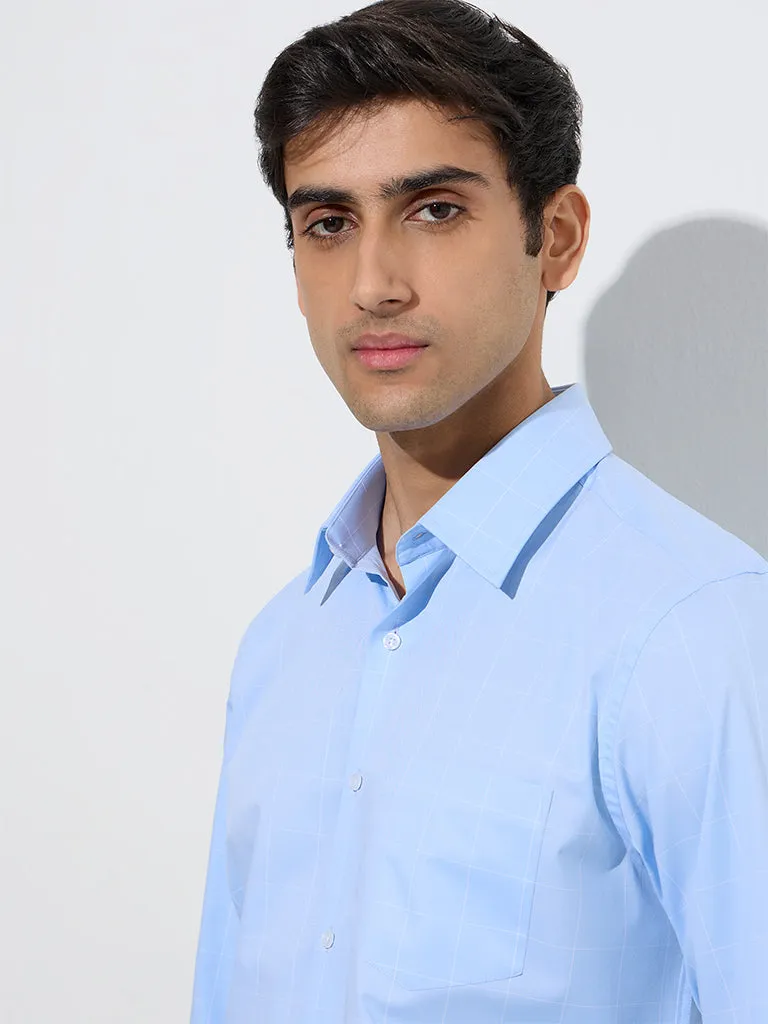 WES Formals Light Blue Checks Slim-Fit Cotton Shirt