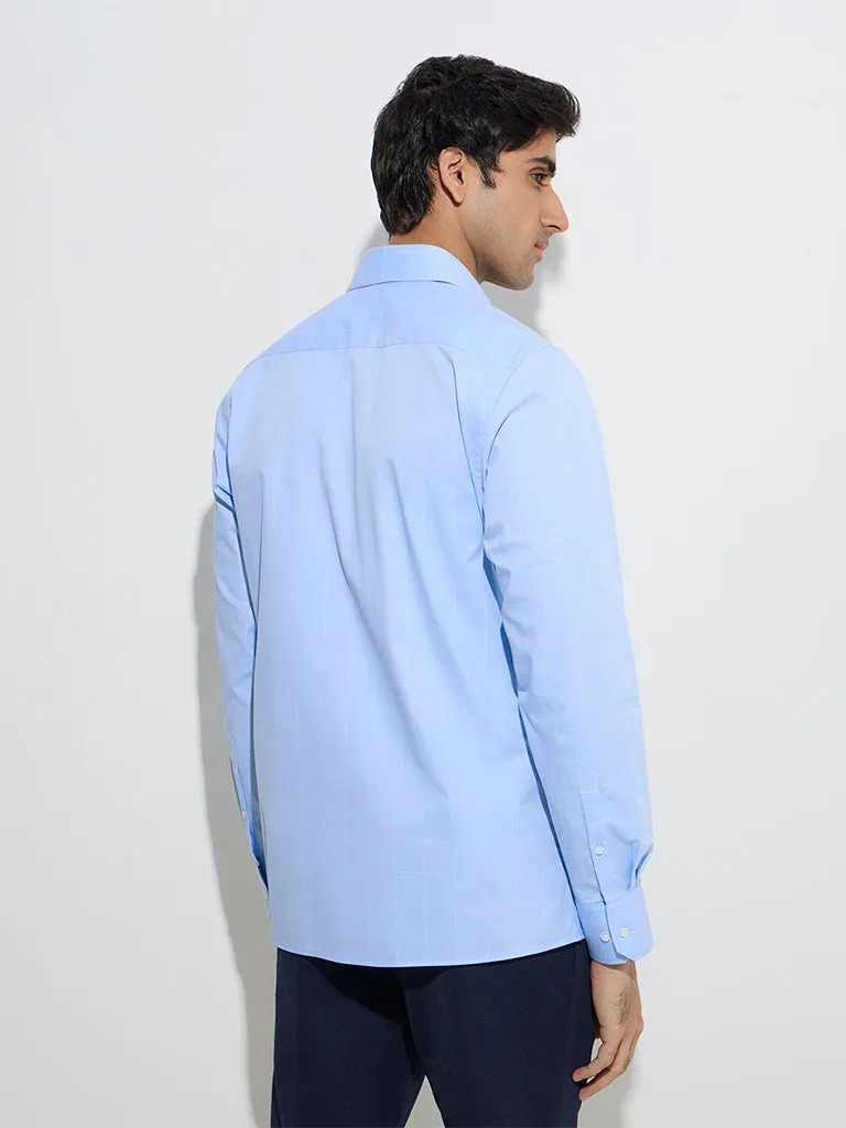 WES Formals Light Blue Checks Slim-Fit Cotton Shirt