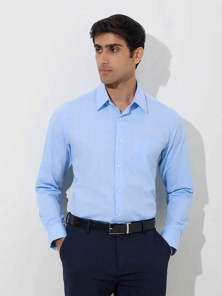 WES Formals Light Blue Checks Slim-Fit Cotton Shirt