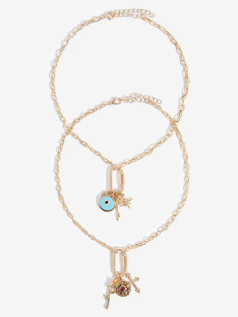 Westside Accessories Gold Multi Charm 2-Layer Necklace Set - Pack of 2