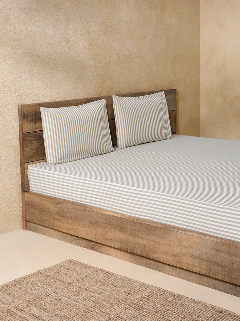 Westside Home Beige Stripe Printed Queen Bed Flat Sheet and Pillowcase Set