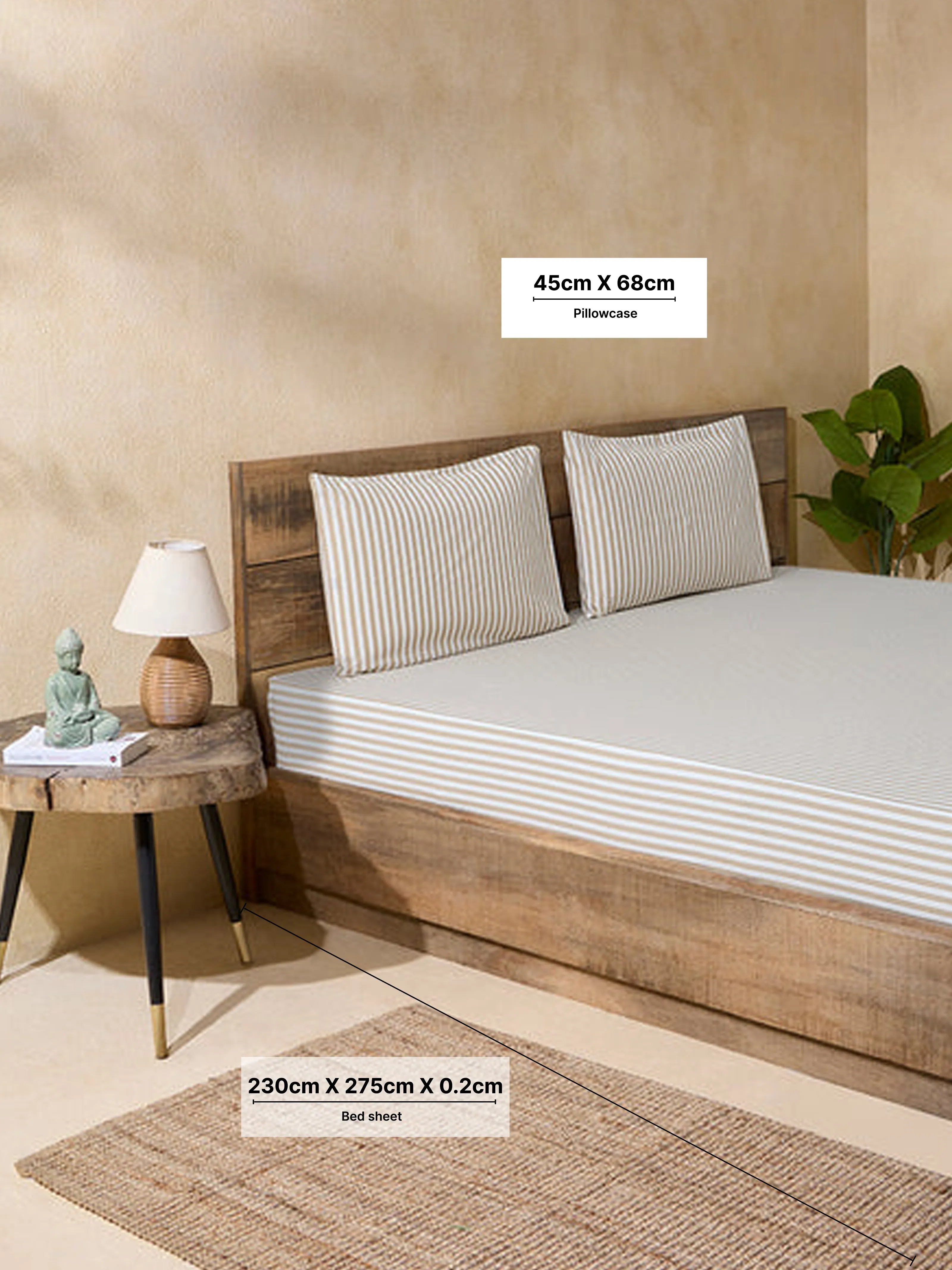 Westside Home Beige Stripe Printed Queen Bed Flat Sheet and Pillowcase Set