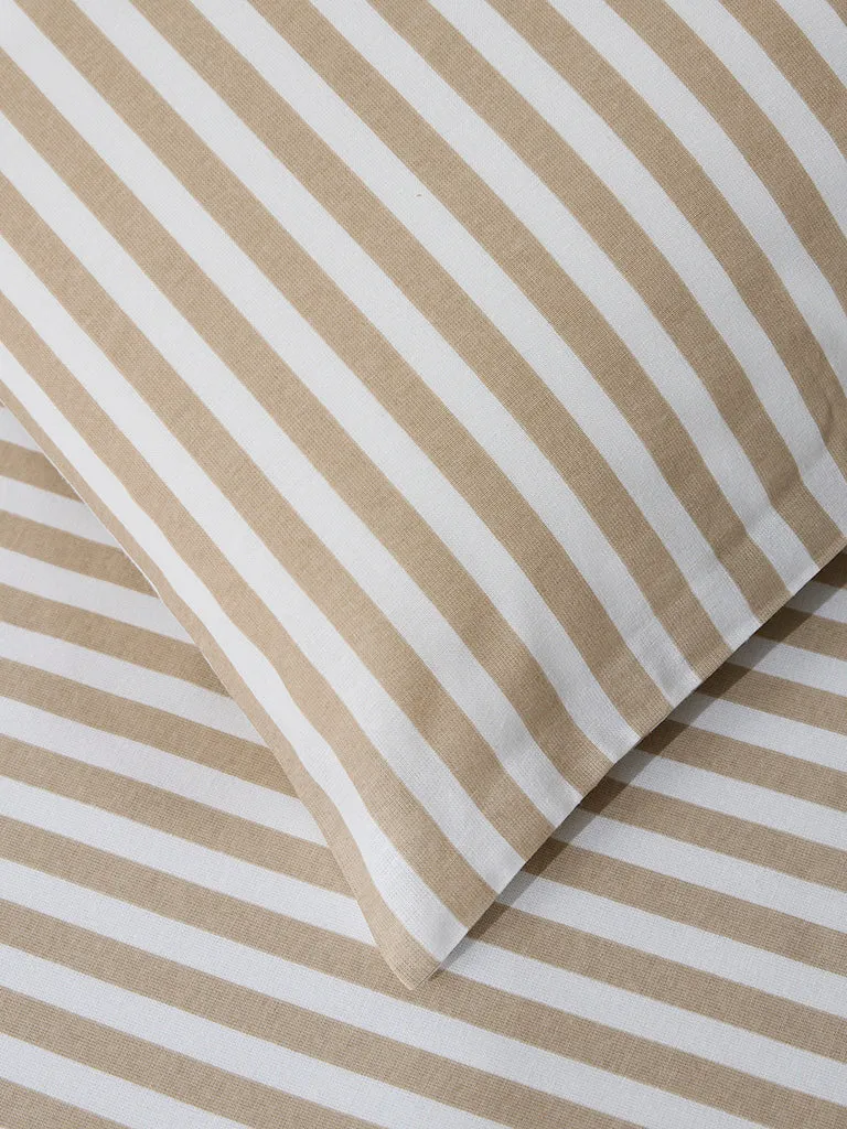 Westside Home Beige Stripe Printed Queen Bed Flat Sheet and Pillowcase Set