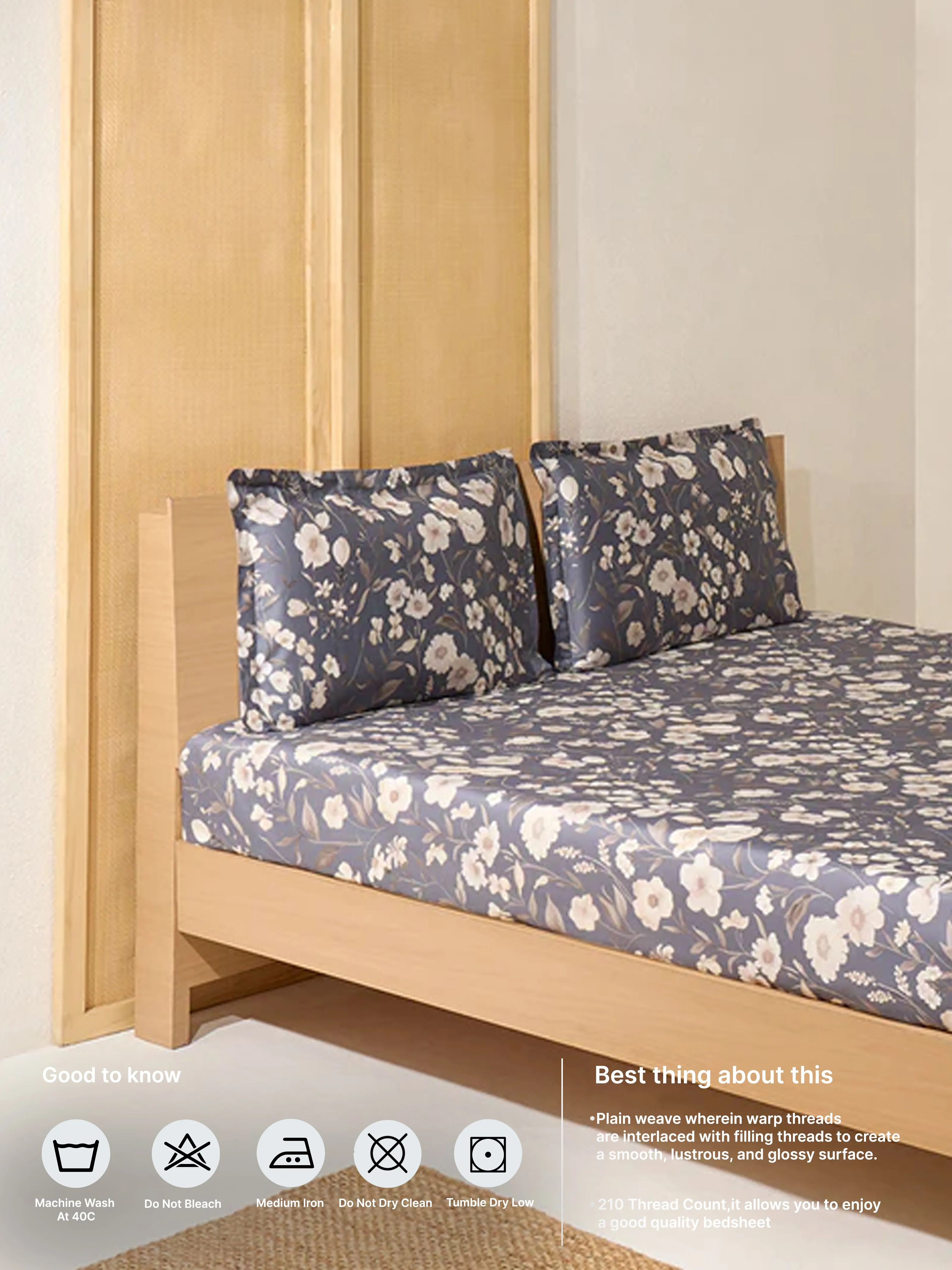 Westside Home Dusty Blue Botanical Design Queen Bed Flat Sheet and Pillowcase Set