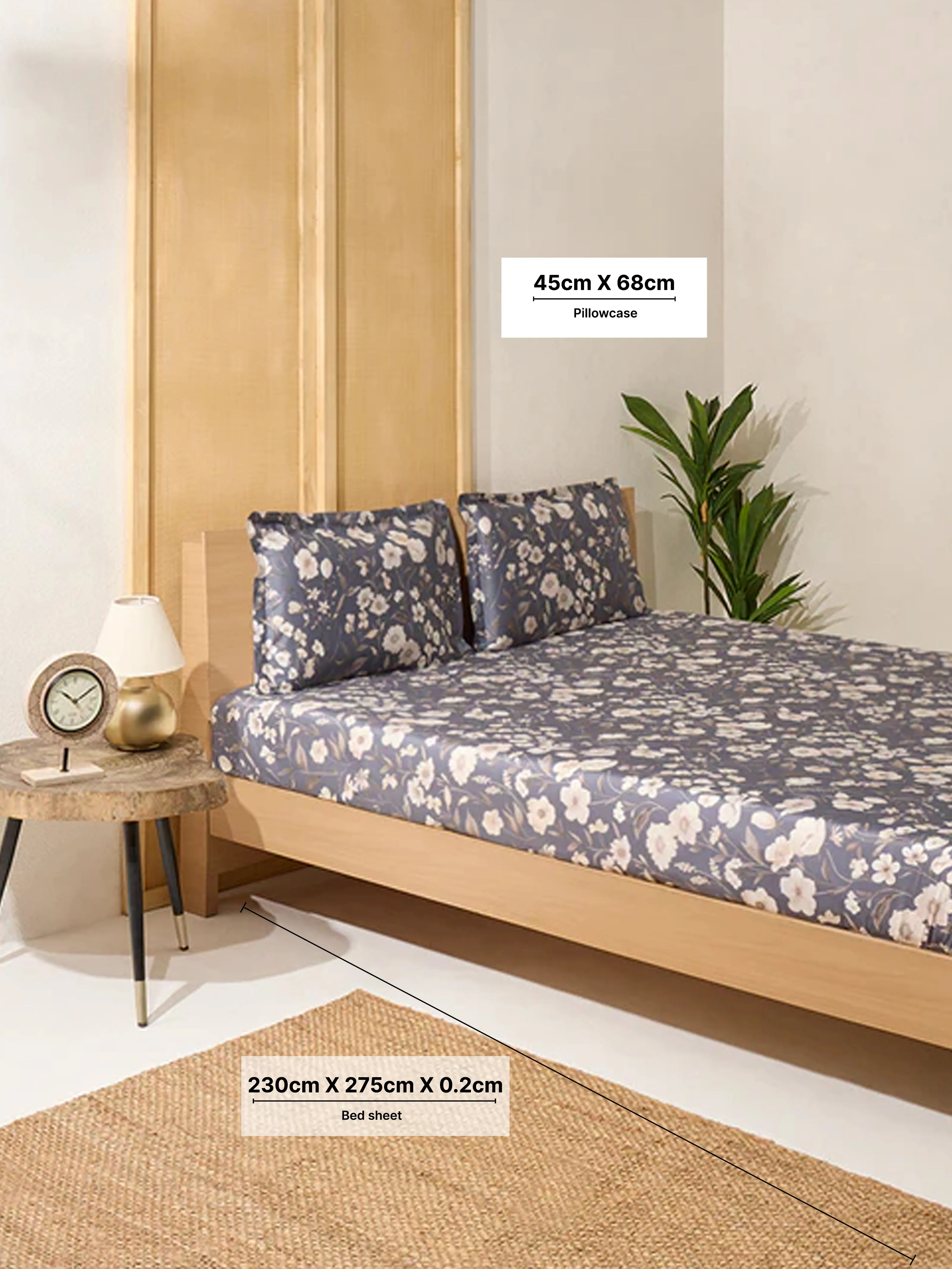 Westside Home Dusty Blue Botanical Design Queen Bed Flat Sheet and Pillowcase Set