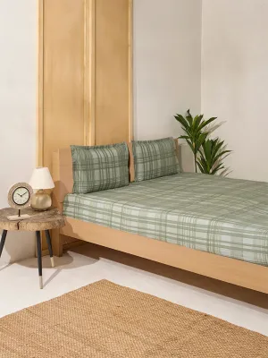 Westside Home Sage Checks Design Queen Bed Flat Sheet and Pillowcase Set