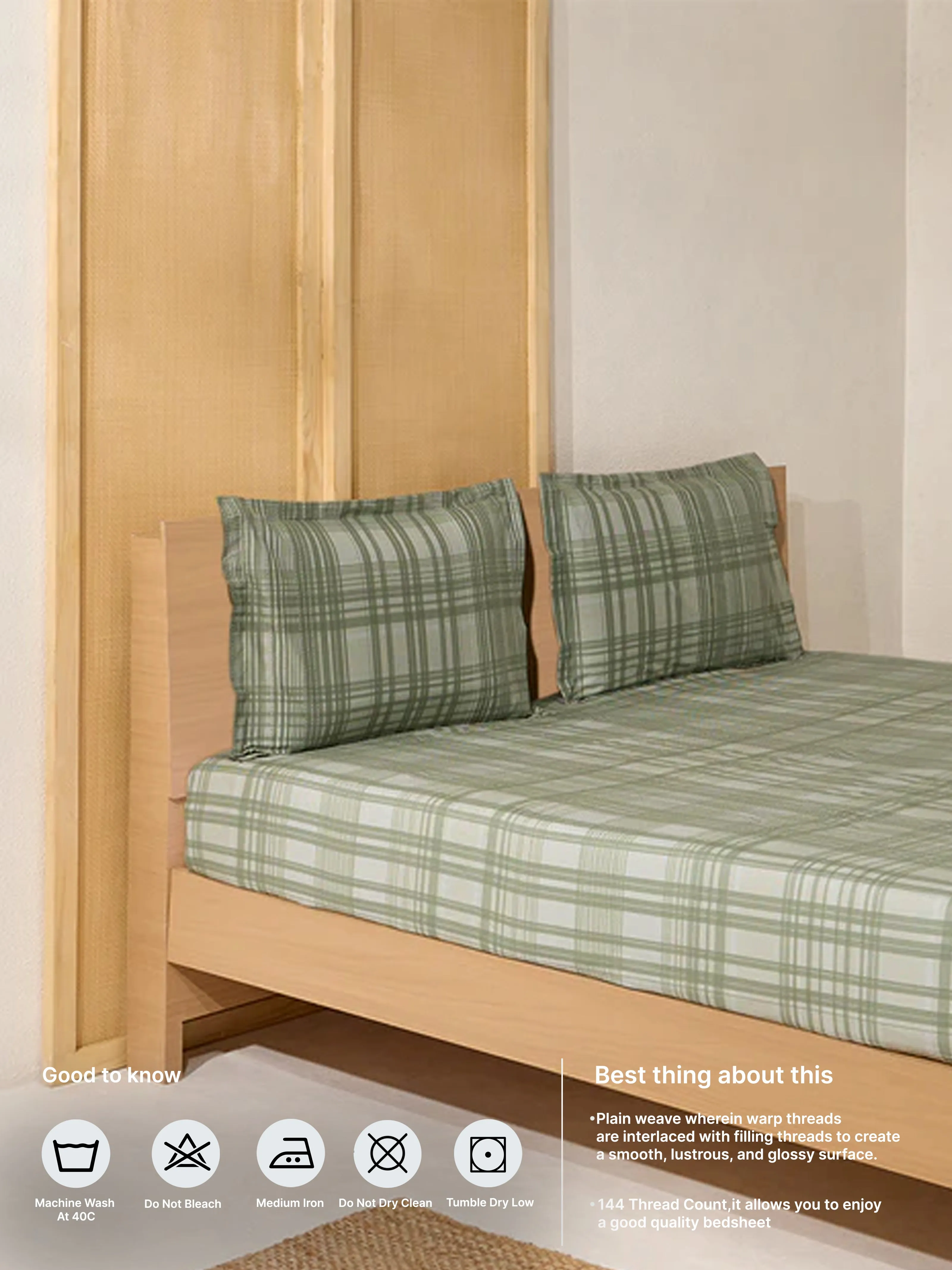 Westside Home Sage Checks Design Queen Bed Flat Sheet and Pillowcase Set