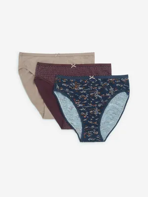 Wunderlove Navy Printed Cotton-Blend Briefs - Pack of 3