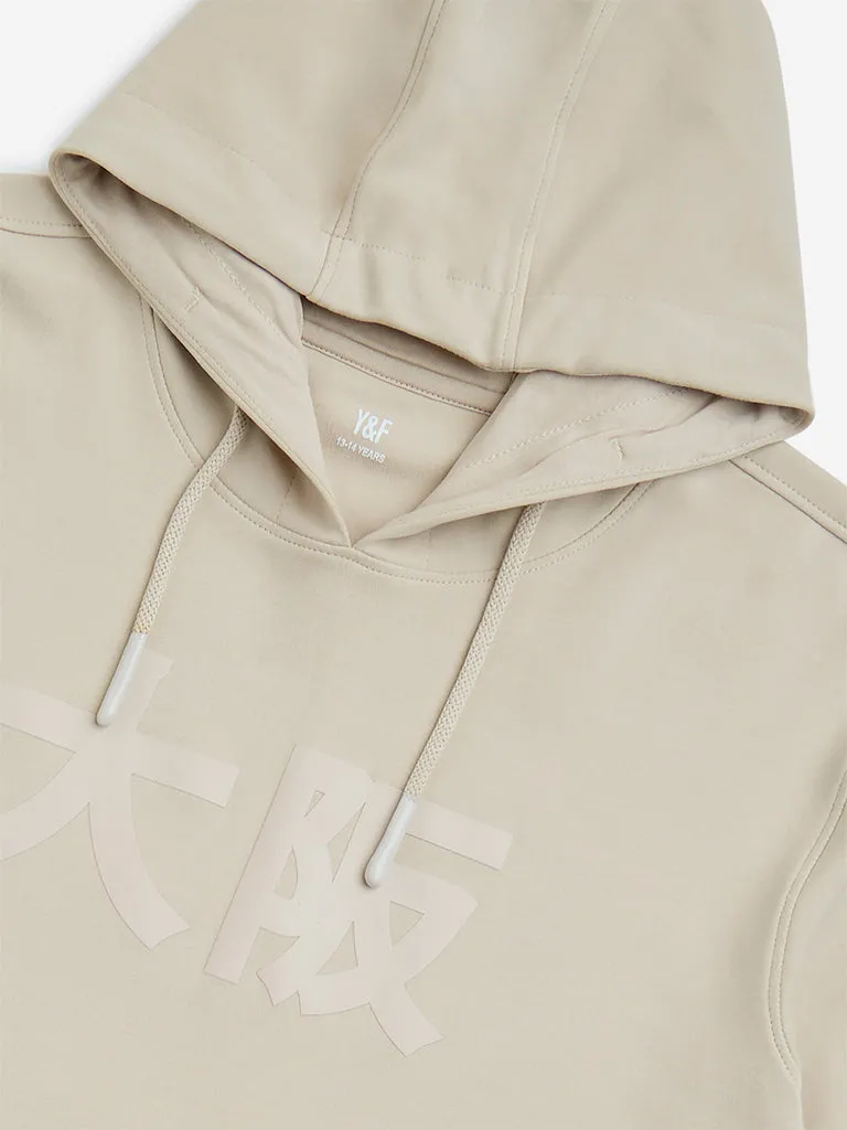 Y&F Kids Beige Typographic Cotton-Blend Hoodie