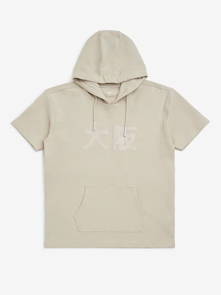 Y&F Kids Beige Typographic Cotton-Blend Hoodie