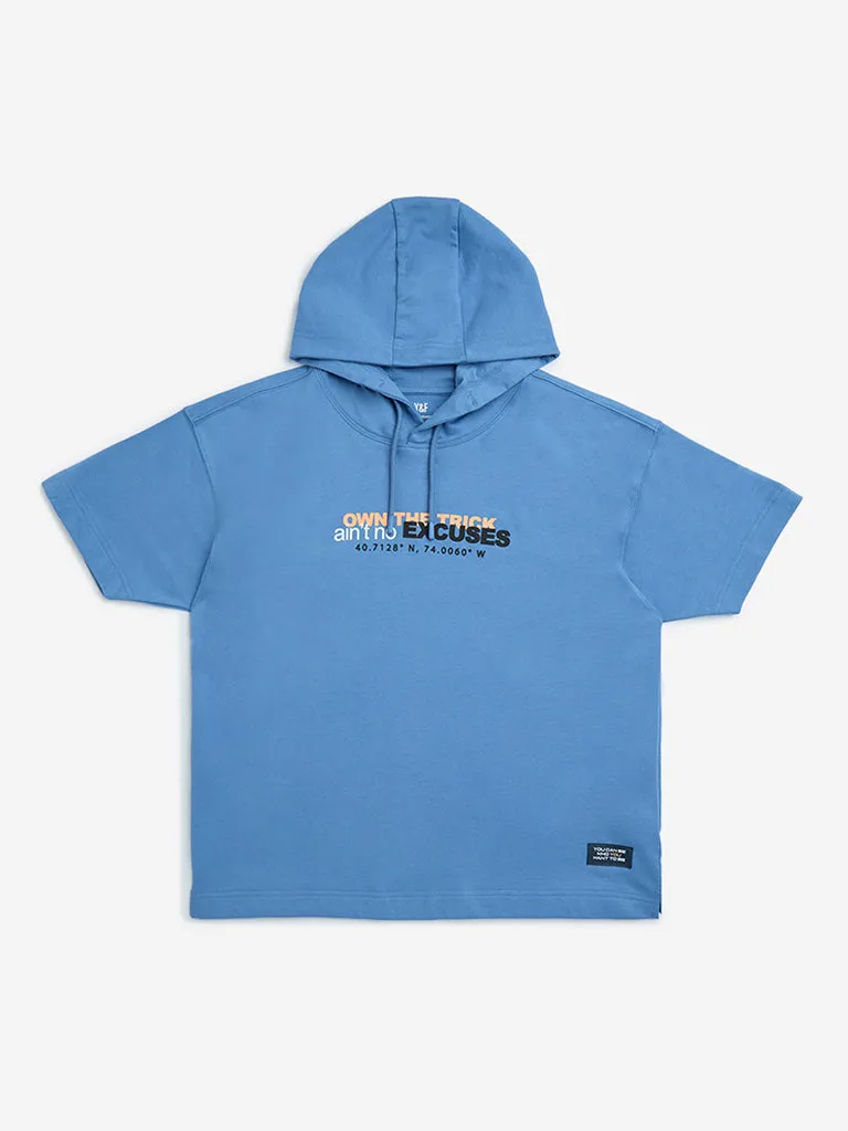 Y&F Kids Blue Text Detailed Cotton Hoodie