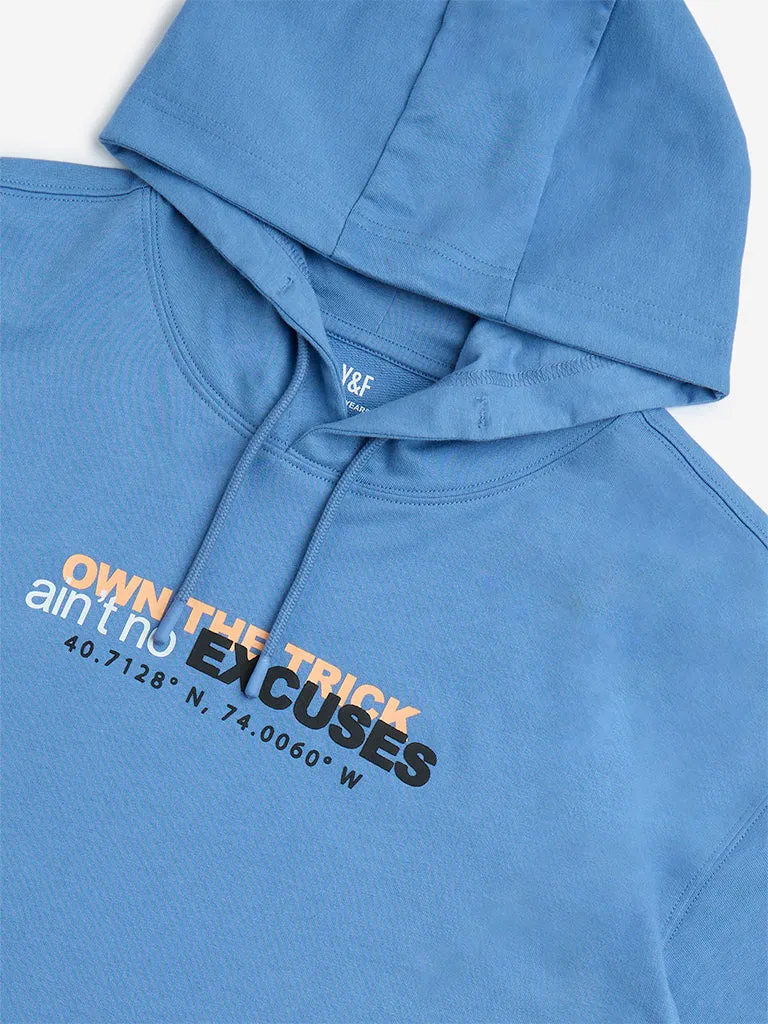 Y&F Kids Blue Text Detailed Cotton Hoodie