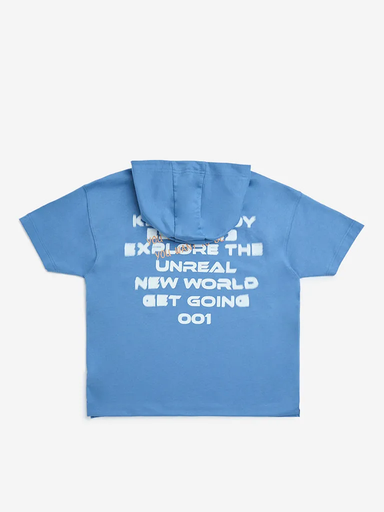 Y&F Kids Blue Text Detailed Cotton Hoodie