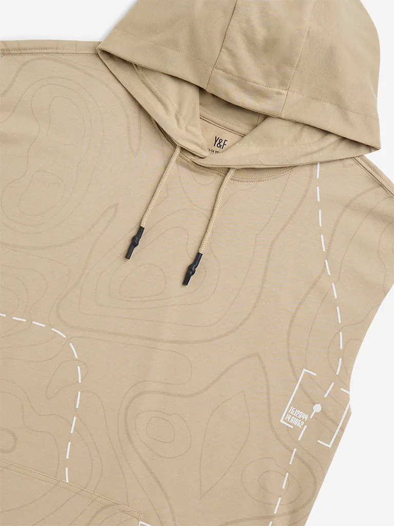 Y&F Kids Brown Abstract Printed Cotton-Blend Hoodie