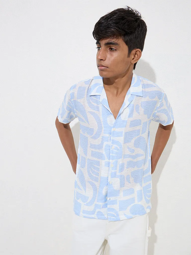 Y&F Kids Light Blue Abstract-Printed Resort-Fit Shirt
